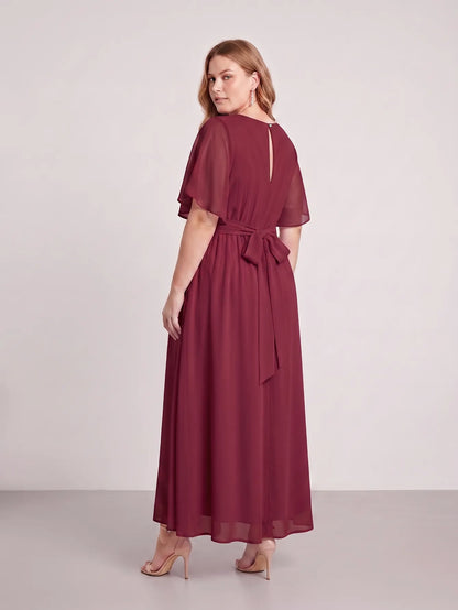 Larui Plus Size Women‘s V-Neck Chiffon Ruffles Sleeves Dress