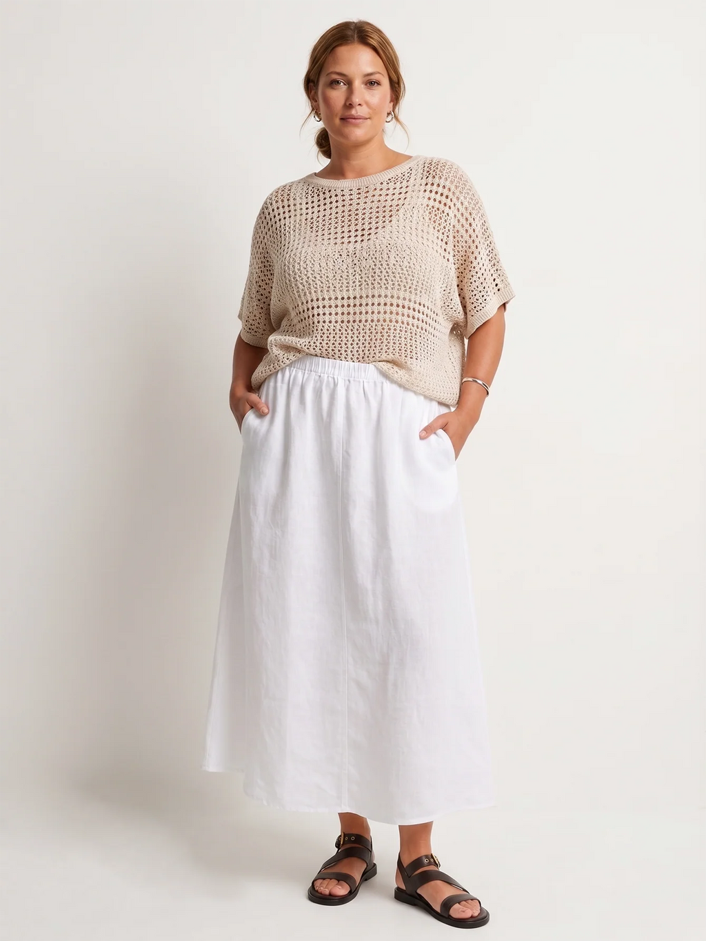 Plus Size Vacation Linen Midi Skirt With Side Slit