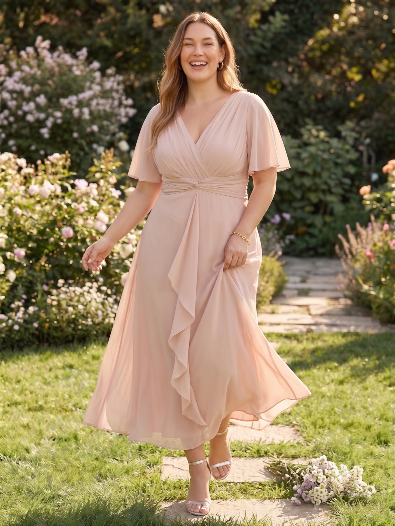 Larui Women's Plus-Size Chiffon Dress with V-Neck and Ruffled Hem