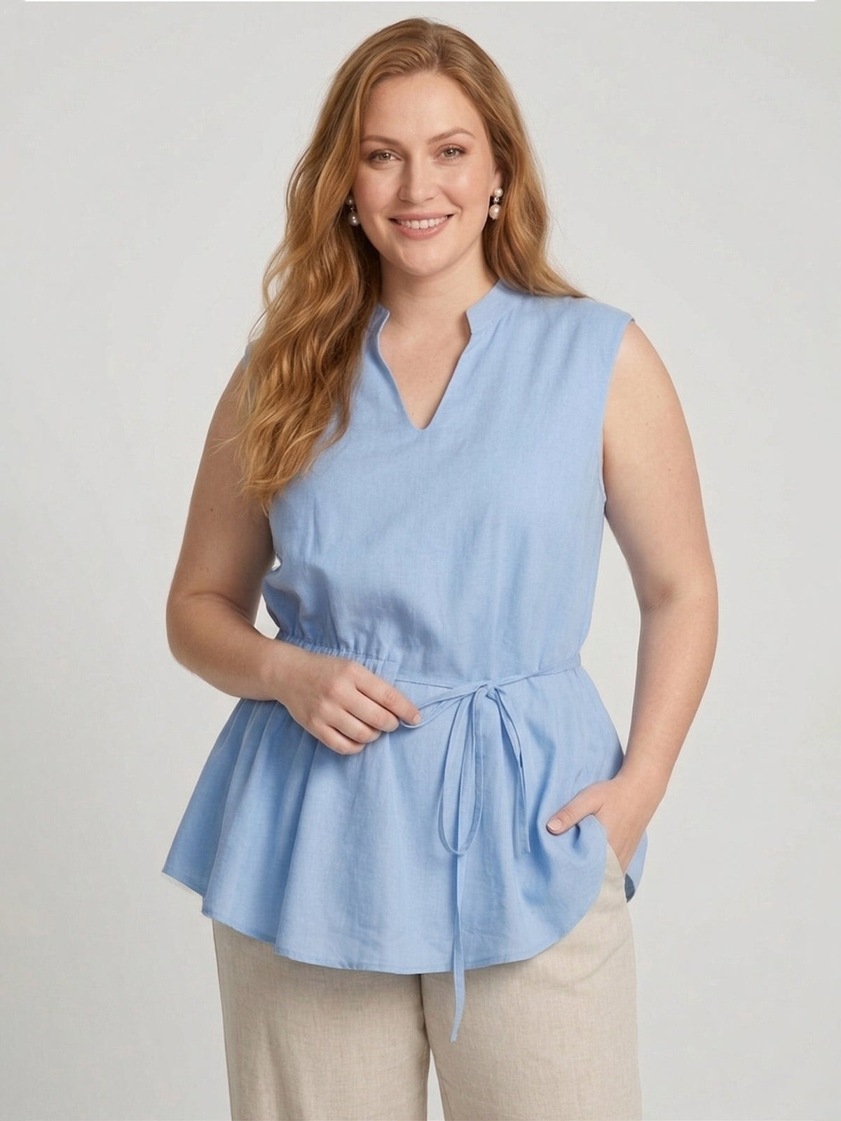 Larui Plus Size Women's Linen Elastic Waist Linen Top Vest