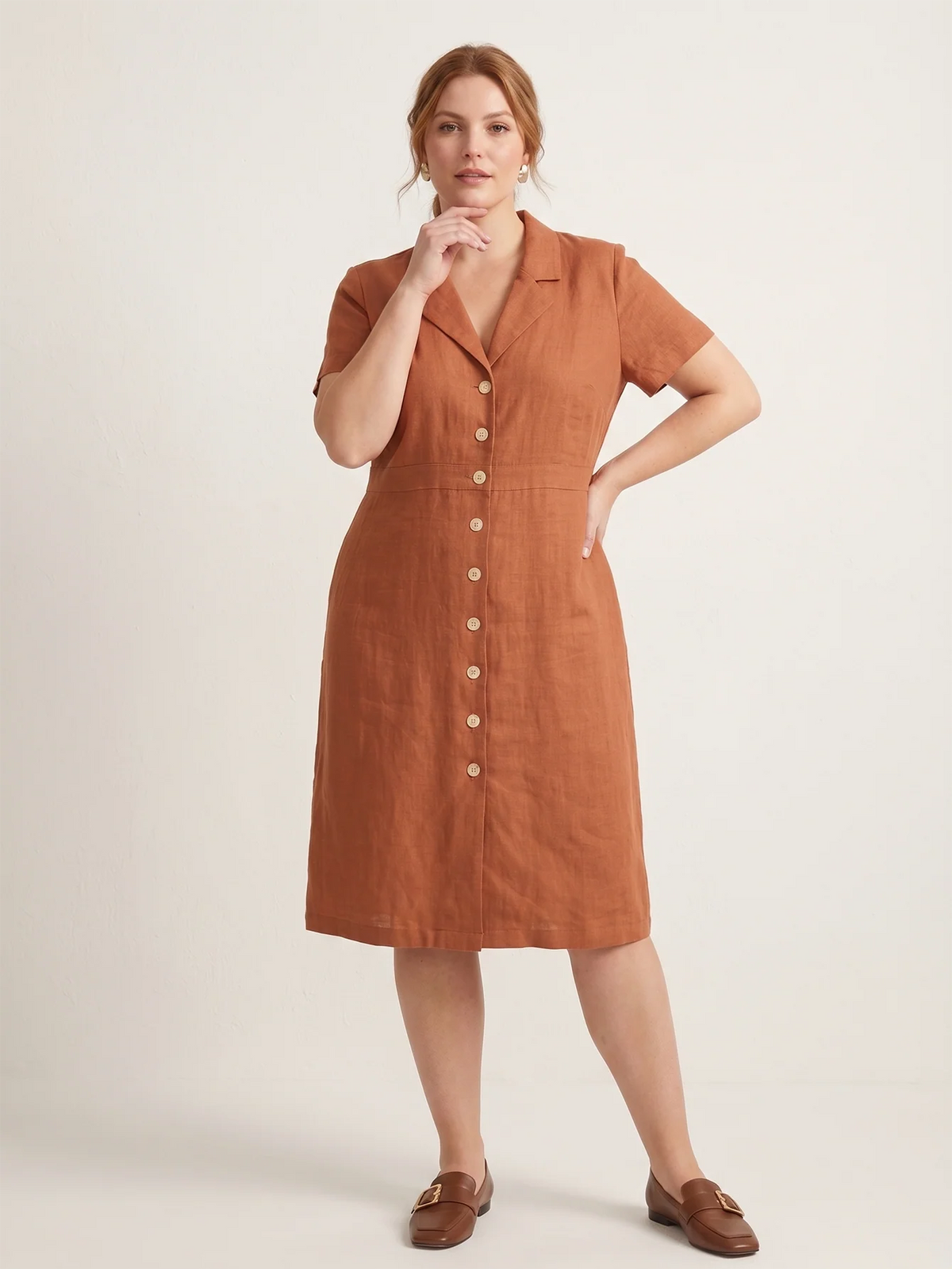Larui Plus Size Women's Button-Down Pocket Linen Dress