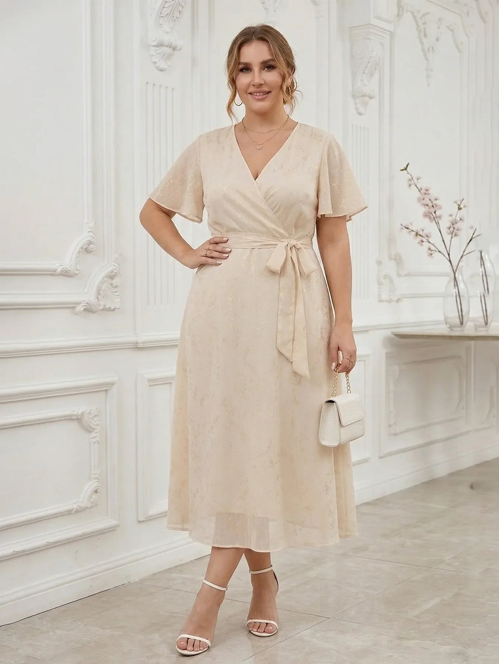 Larui Plus Size Elegant Gold-Stamped Chiffon Guest Dress