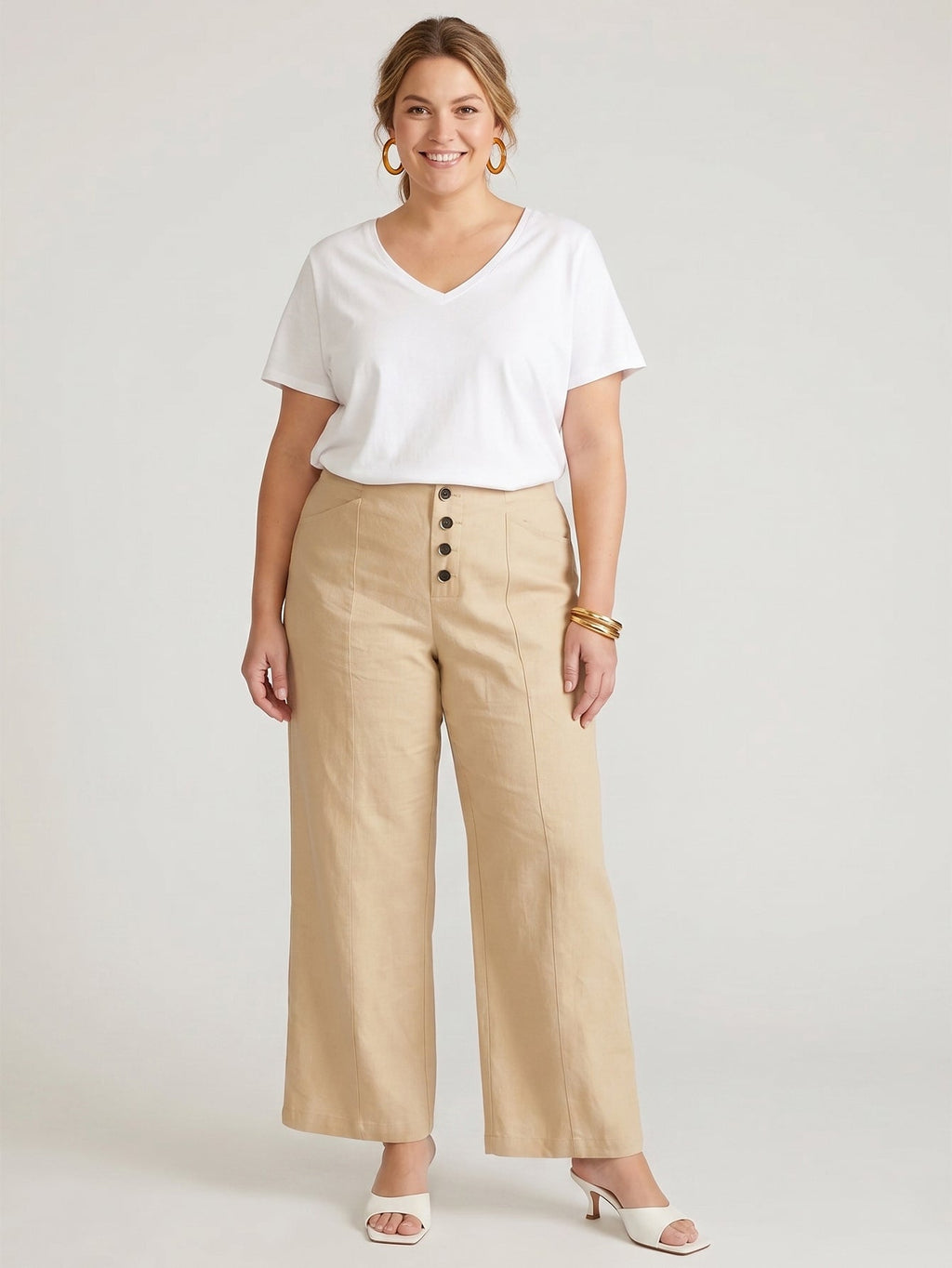Larui Plus Size Women's Button-Down Wide-Leg Linen Pants