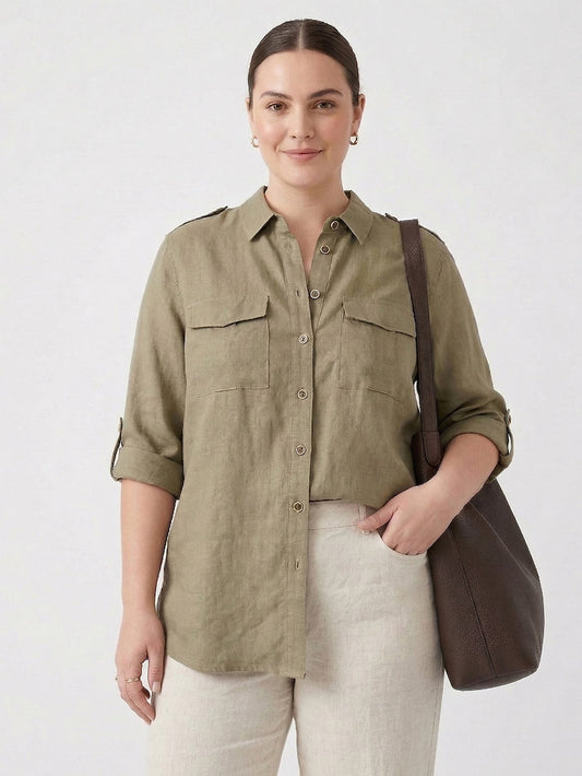Larui Plus Size Women's Elegant Linen Pocket Shirt