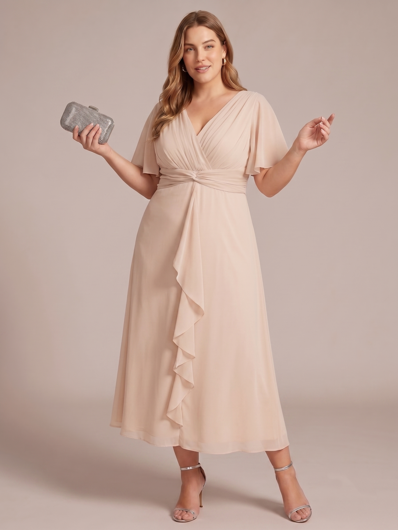 Larui Women's Plus-Size Chiffon Dress with V-Neck and Ruffled Hem