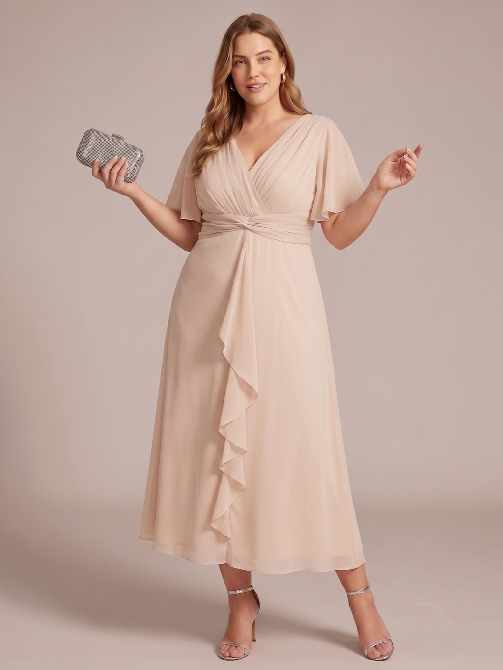 Larui Women's Plus-Size Chiffon Dress with V-Neck and Ruffled Hem