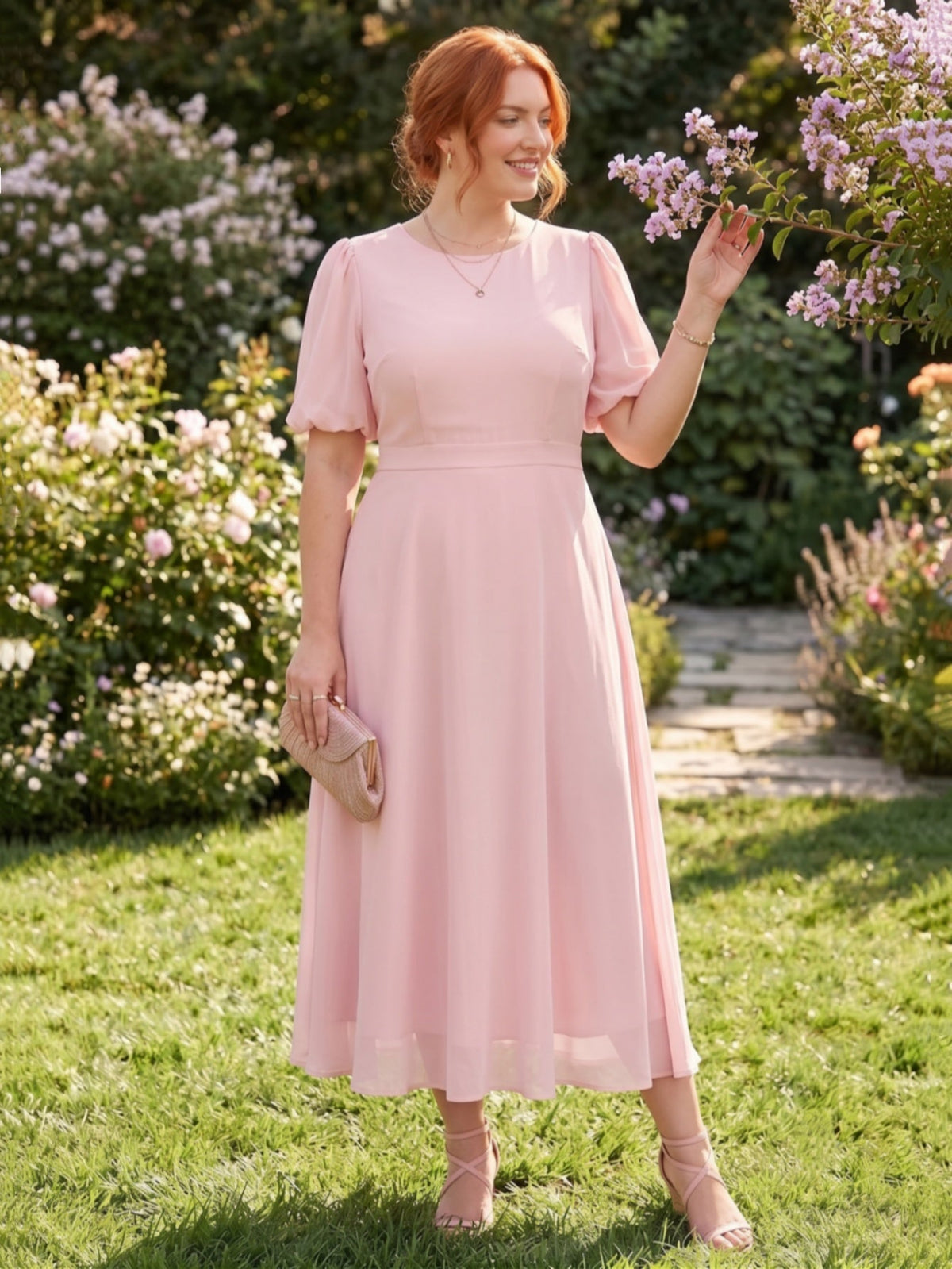 Larui Plus-Size Women's Puff-Sleeve Crew-Neck Dress