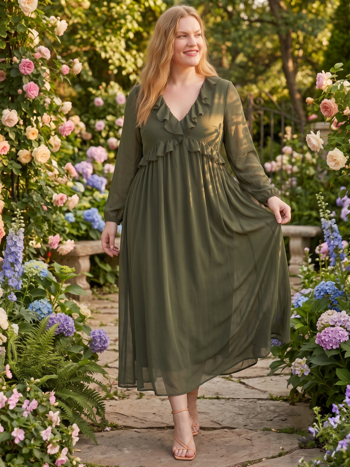 Larui Plus Size Women‘s Chiffon Ruffled V-Neck Dress