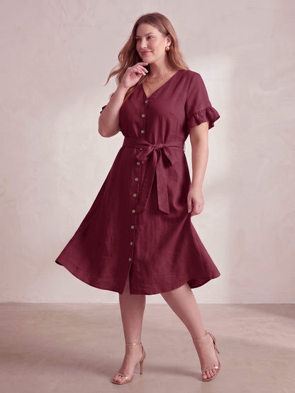 Larui Plus Size Women's Linen Short Sleeves Dress With Belted