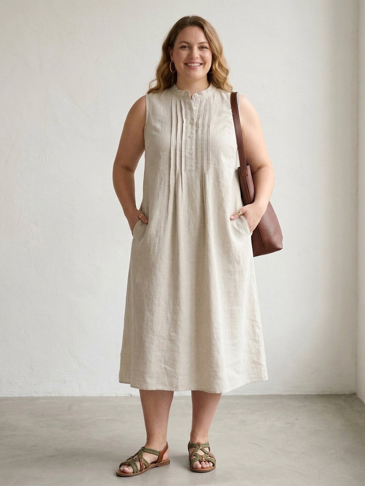 Larui Plus Size Women's Pleated Linen Dress