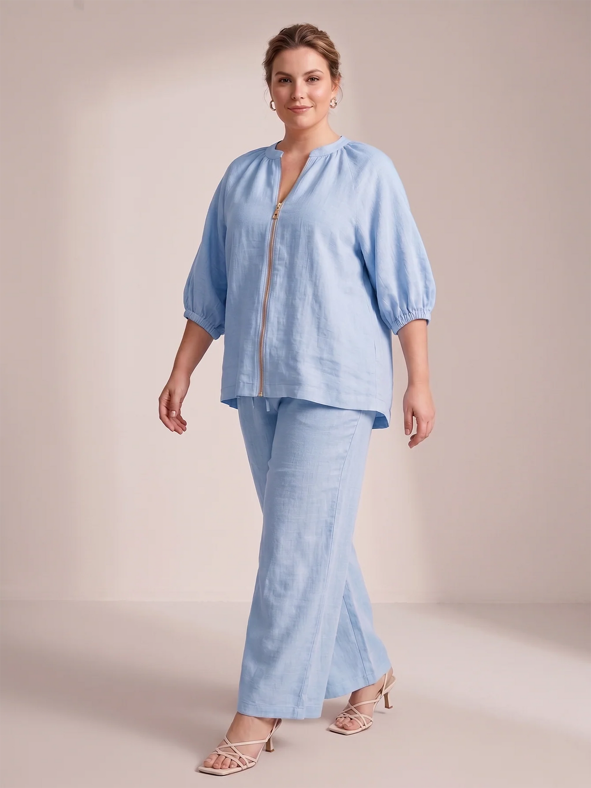 Larui Plus Size Women's Three-Quarter Sleeve Top and Pants Two-Piece Linen Set