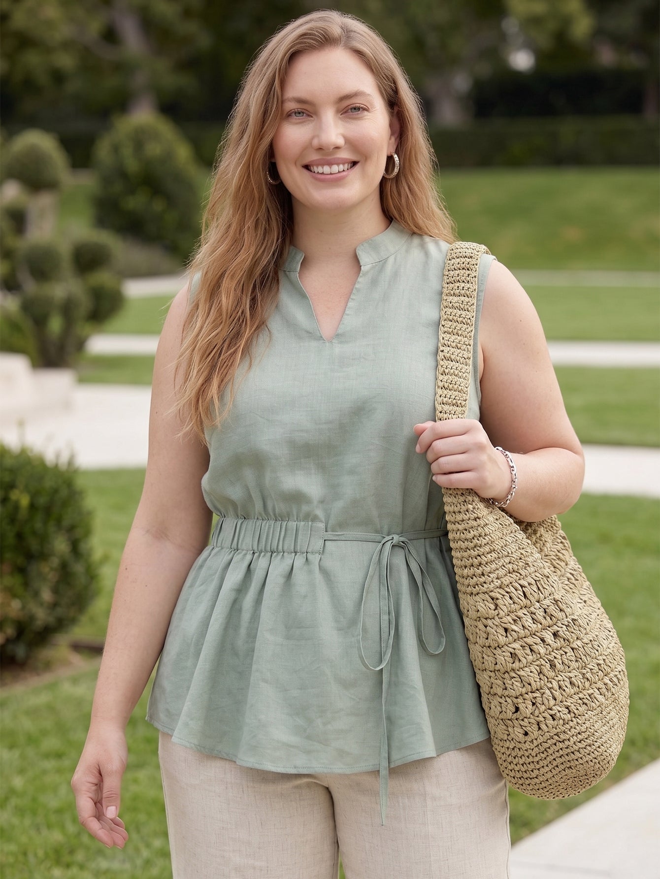 Larui Plus Size Women's Elastic Waist Linen Top Vest