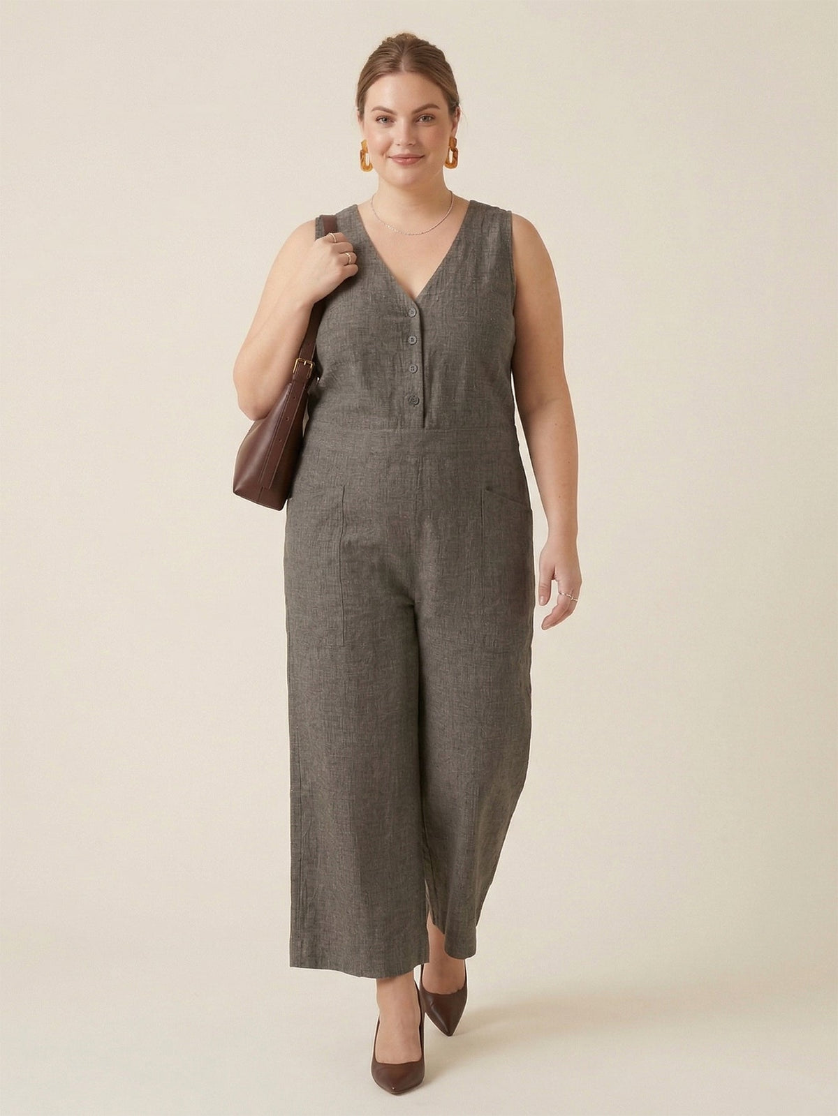Plus Size Women's Elegant Pocket Linen Jumpsuit