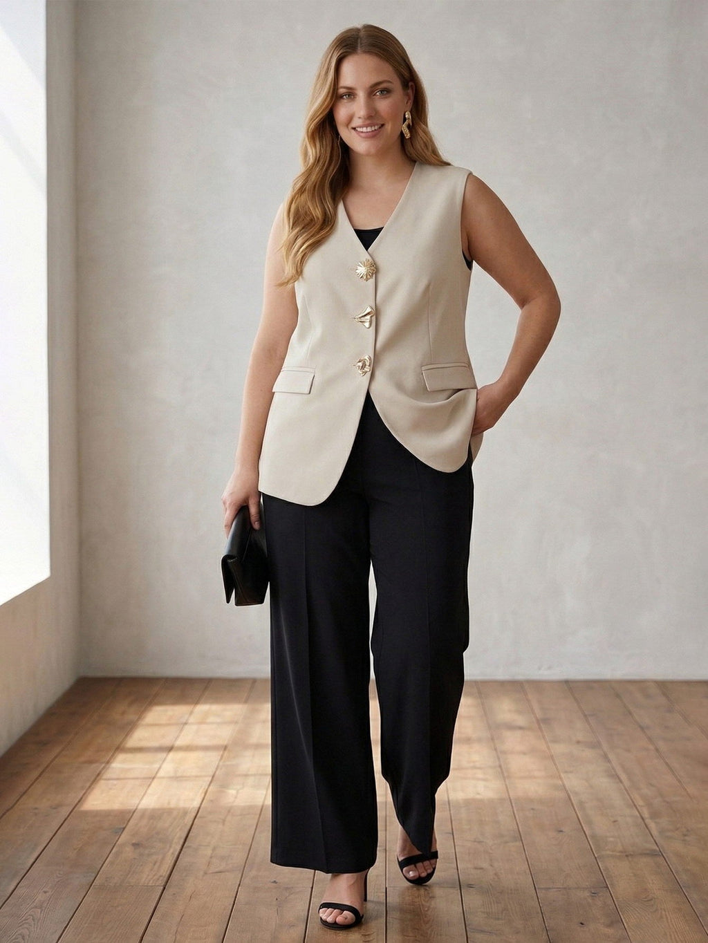 Larui Plus Size Women's Linen Pocket Sleeveless Vest Waistcoat Jacket