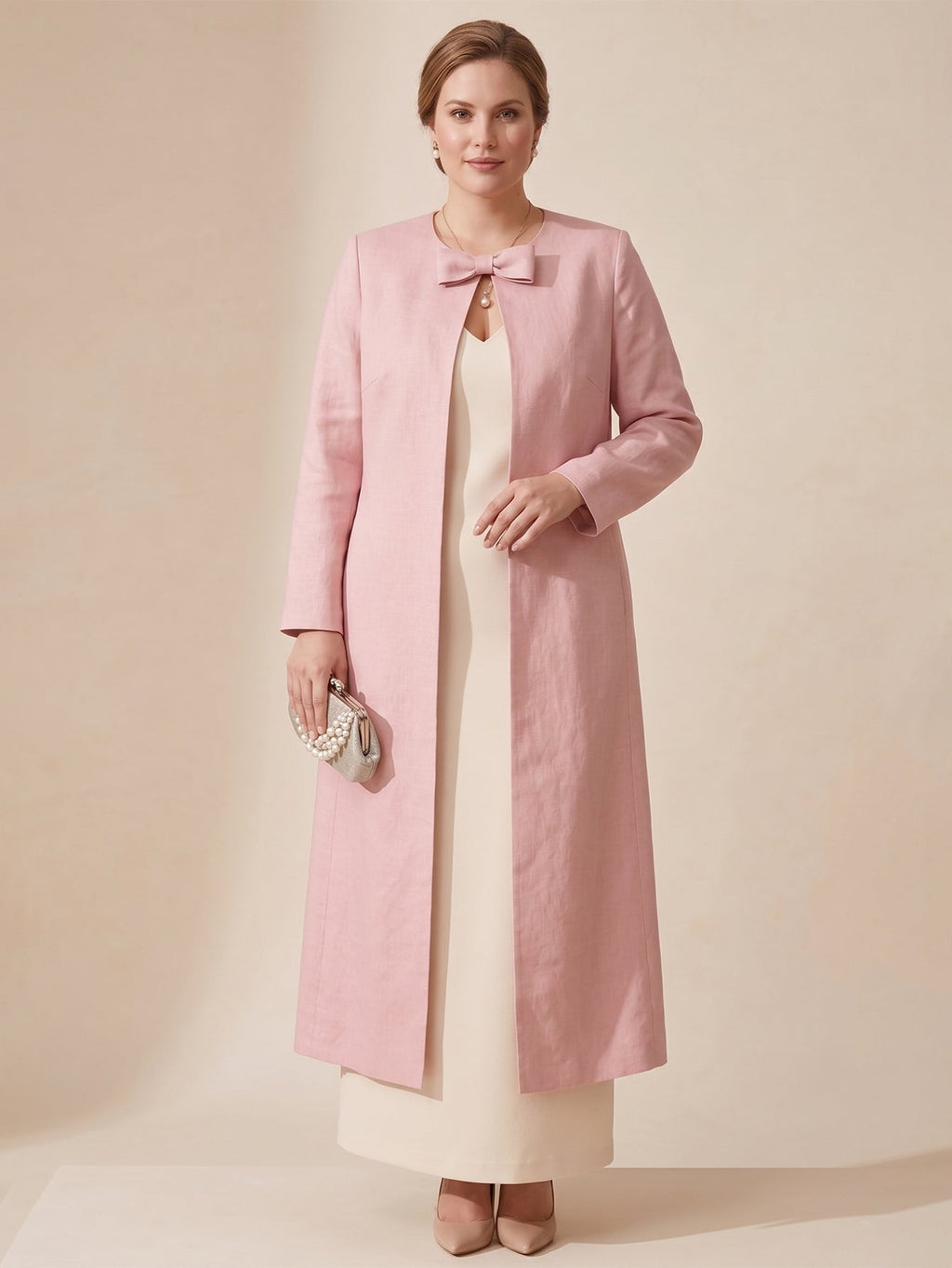 Larui Plus Size Women's Bow-Knot Wedding Long LinenCoat
