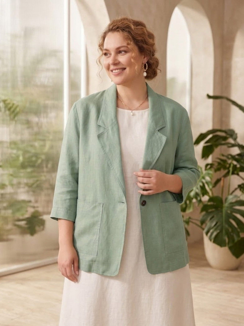 Larui Plus Size Women's Linen Long Sleeves Pocket Blazer