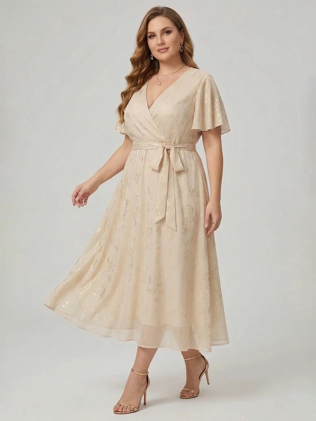 Larui Plus Size Elegant Gold-Stamped Chiffon Guest Dress