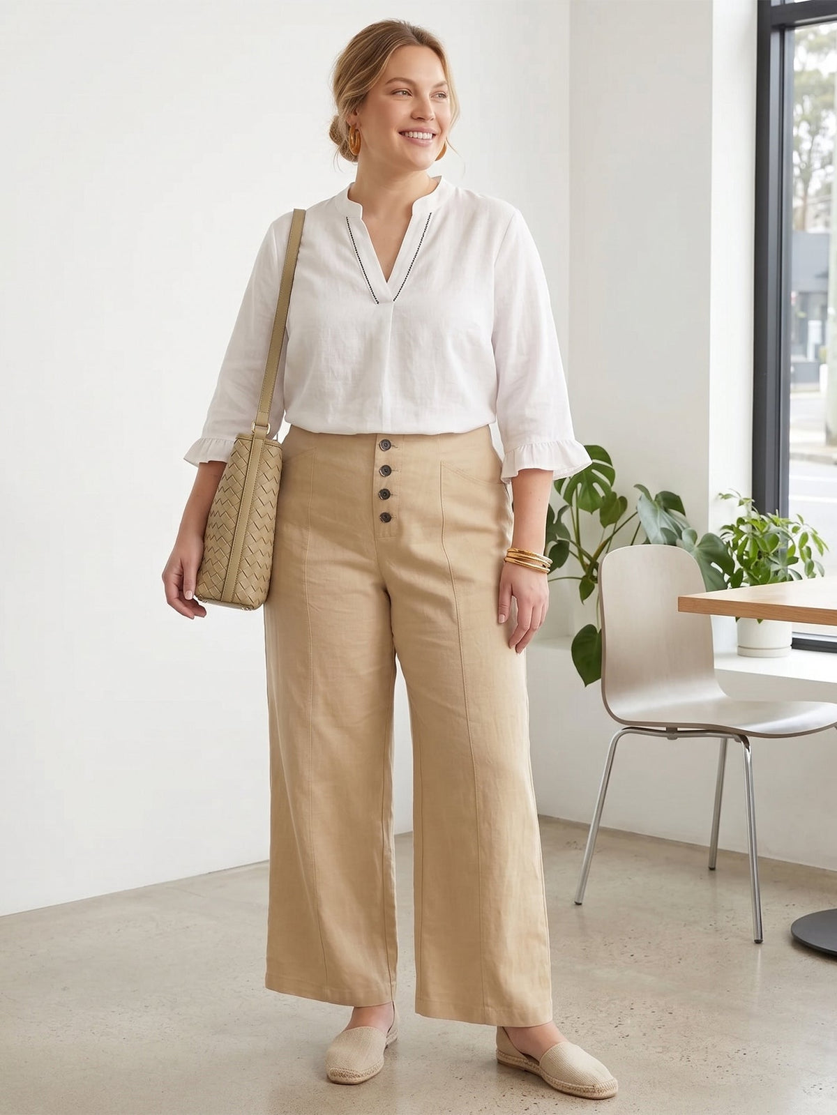 Larui Plus Size Women's Button-Down Wide-Leg Linen  Pants