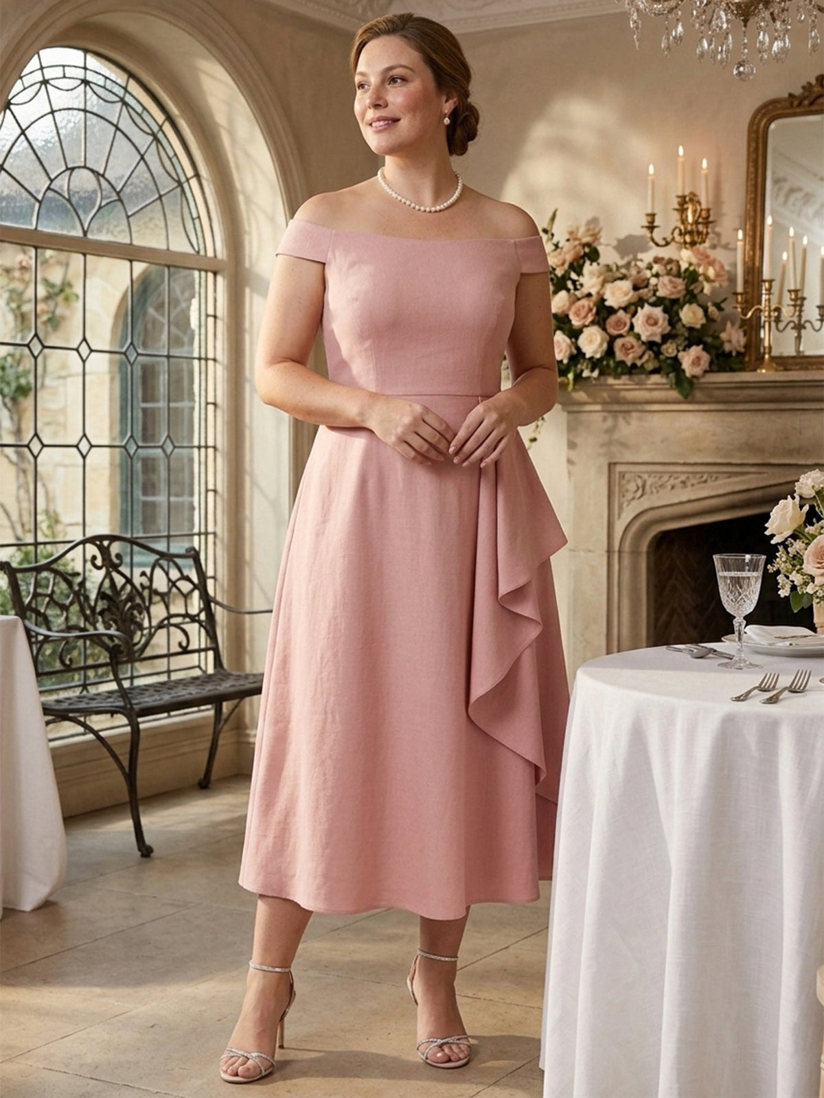 Larui Plus Size Women's Off-Shoulder Elegant Linen  Dress