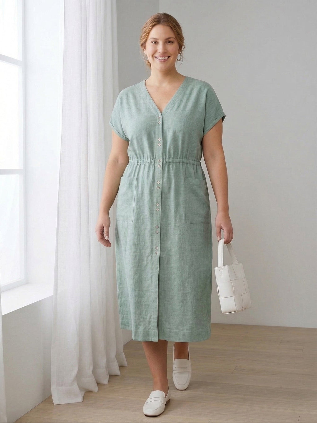 Larui Plus Size Women's Linen Elegant Pocket Linen Dress