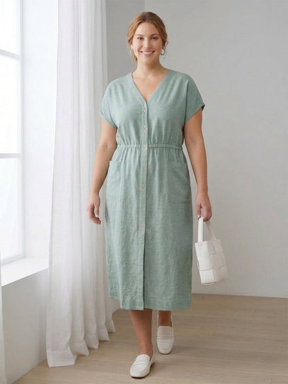 Larui Plus Size Women's Linen Elegant Pocket Linen Dress