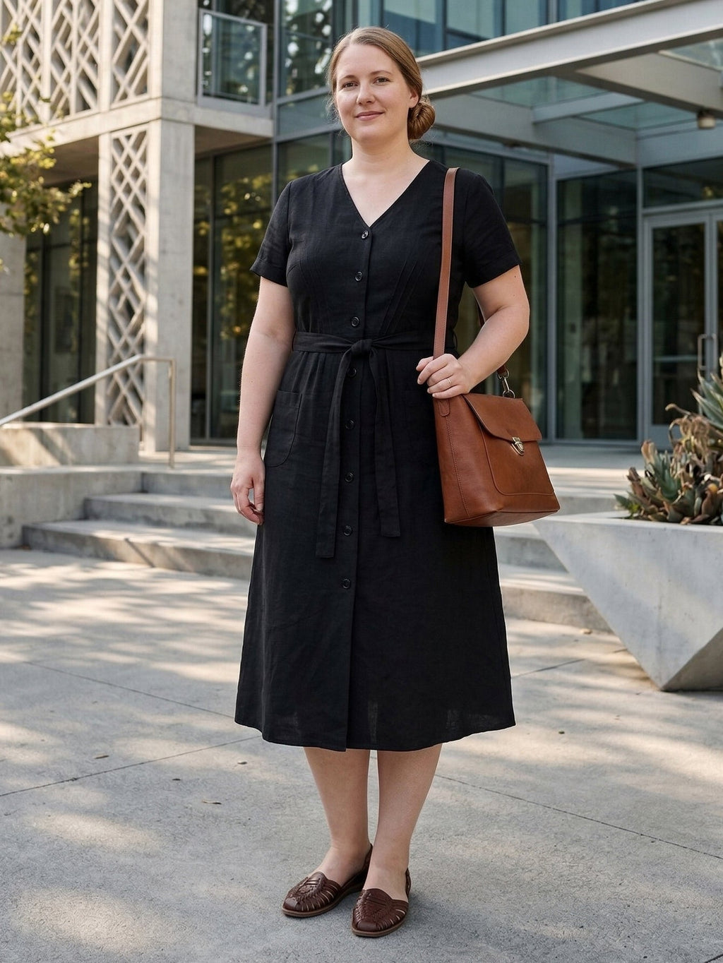 Larui Plus Size Women's Single-Breasted Linen Dress