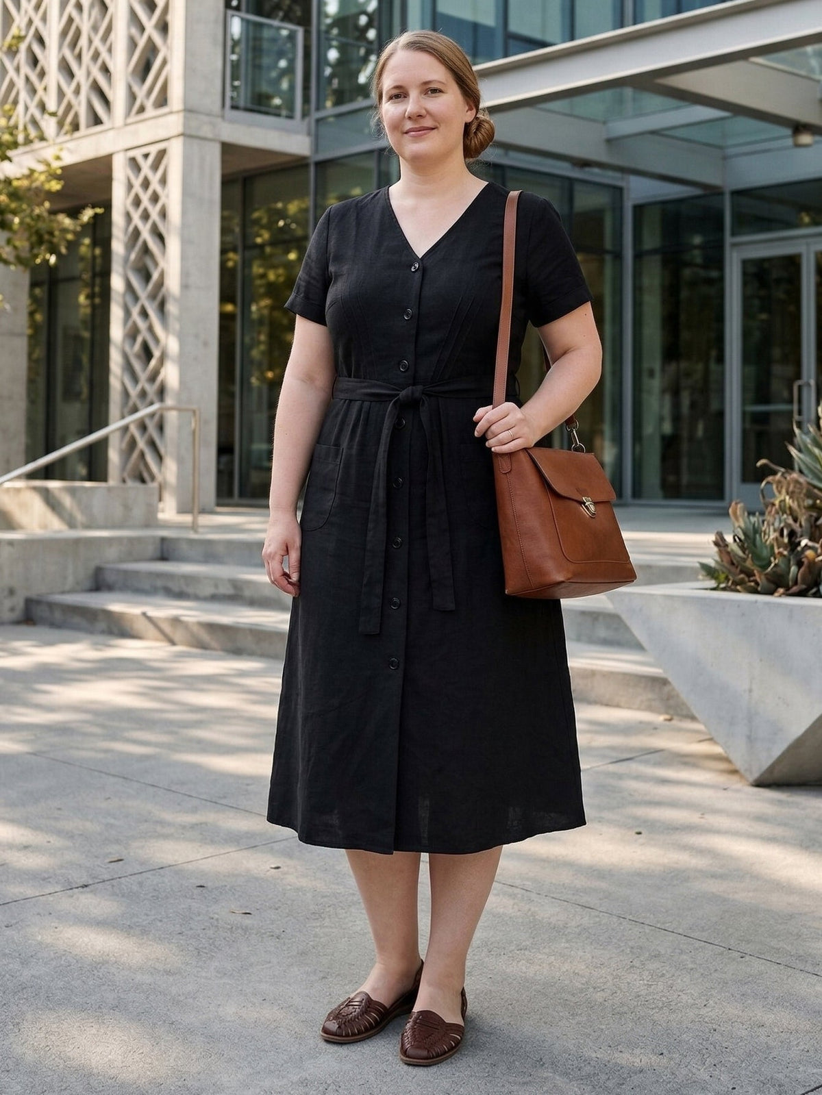 Larui Plus Size Women's Single-Breasted Linen Dress