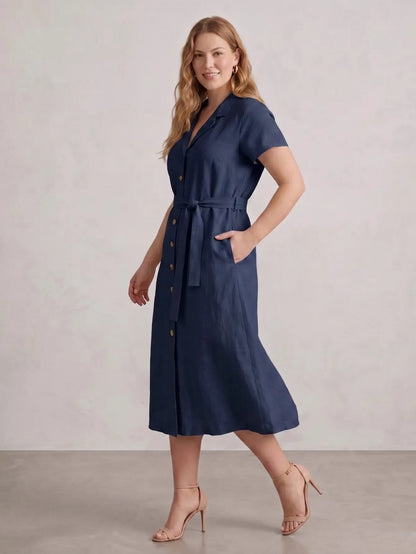 Larui Plus Size Women's Linen Dress With Belted