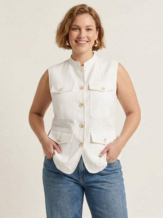 Larui Plus Size Women's Pocket Linen Vest