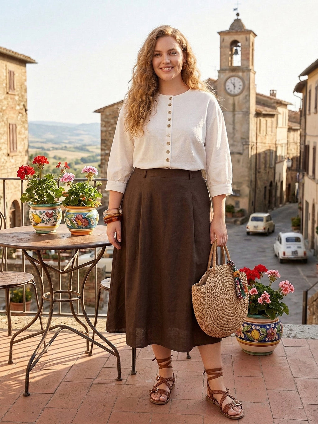 Larui Plus Size Women's Shell Button Linen Shirt