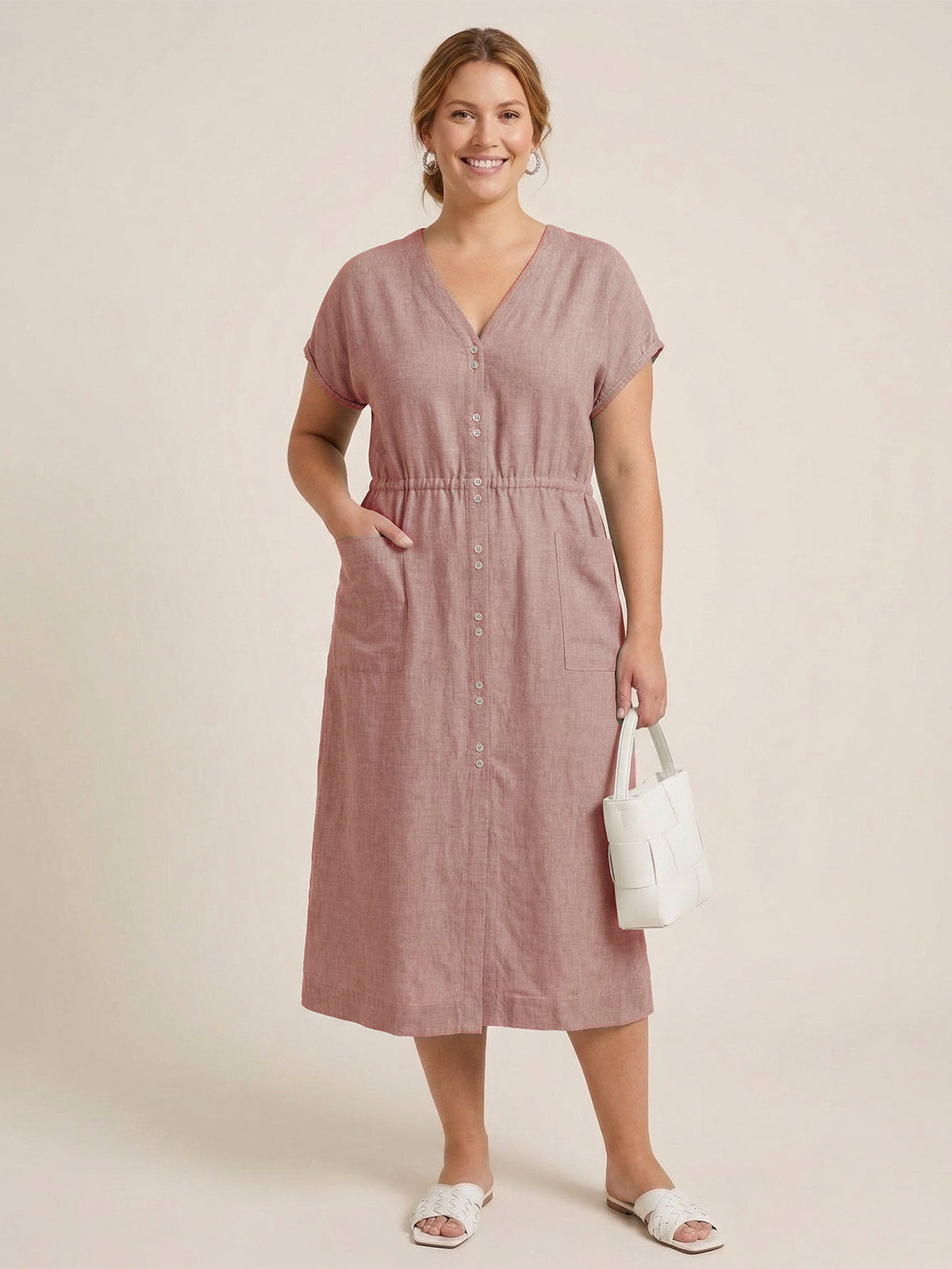 Larui Plus Size Women's Linen Elegant Pocket Linen Dress