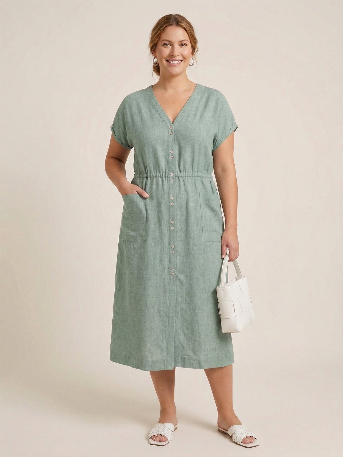 Larui Plus Size Women's Linen Elegant Pocket Linen Dress