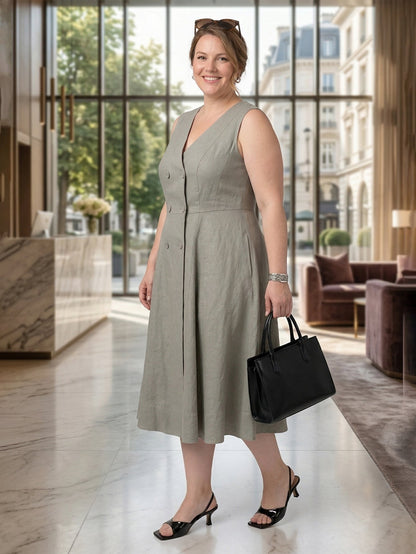 Larui Plus Size Women's Elegant Double-Breasted Linen Dress