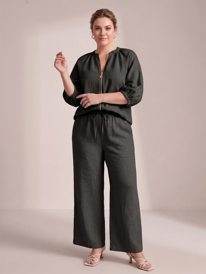 Larui Plus Size Women's Three-Quarter Sleeve Top and Pants Two-Piece Linen Set