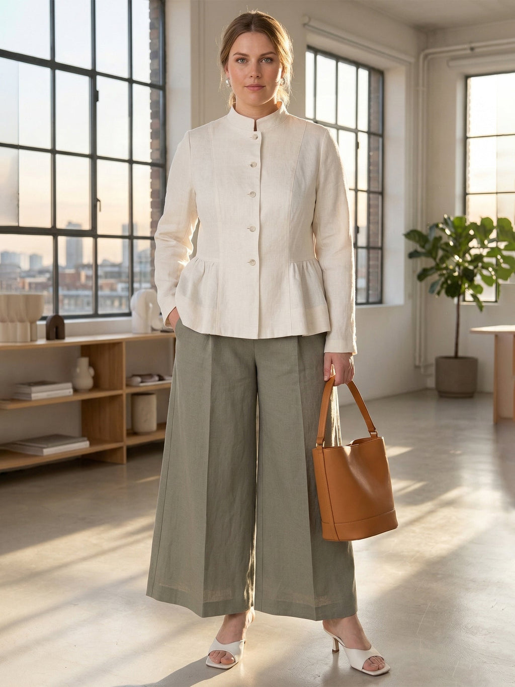 Larui Plus Size Women's Elegant Linen Coat With Ruffled Hem