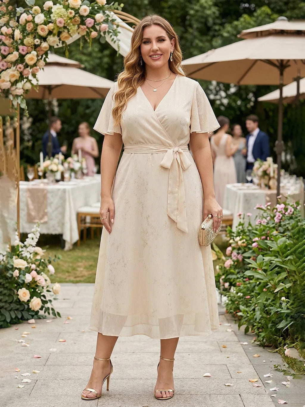 Larui Plus Size Elegant Gold-Stamped Chiffon Guest Dress