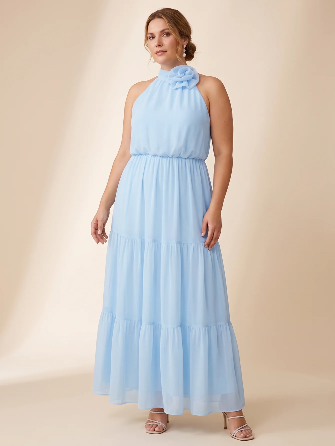 Larui Plus Size Wedding/Vacation A-Line Chiffon Dress With Floral Embellishments
