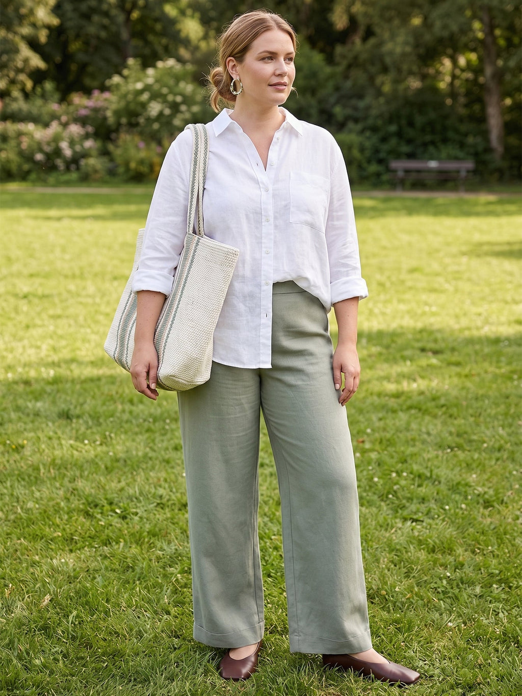 Larui Plus Size Women's Linen Pocket Wide-Leg Pants