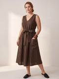 Larui Plus-Size Women's Reversible Open-Front Tie-Up Apron-Style Linen Dress