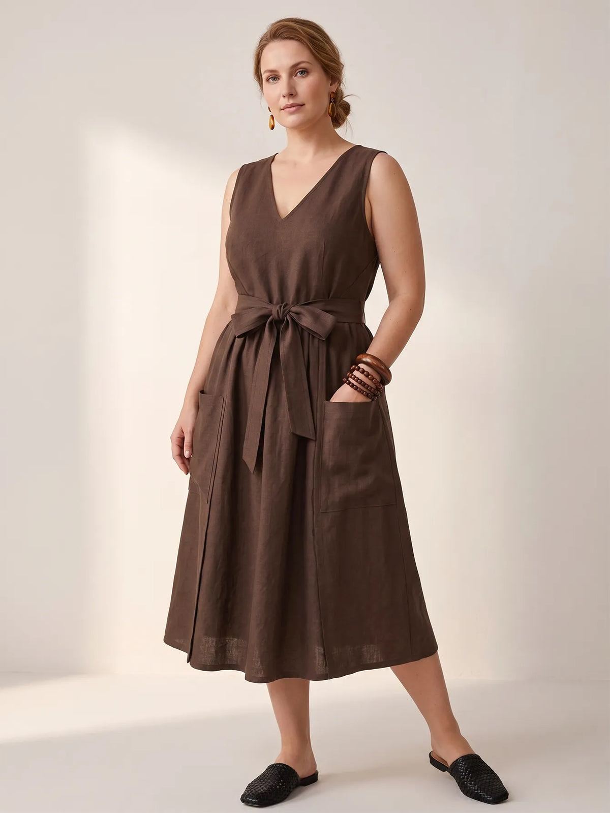 Larui Plus-Size Women's Reversible Open-Front Tie-Up Apron-Style Linen Dress