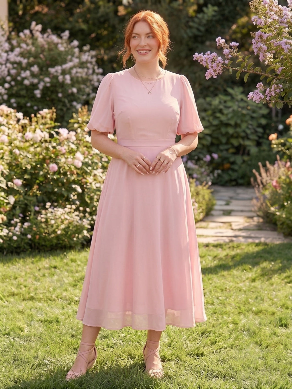 Larui Plus-Size Women's Puff-Sleeve Crew-Neck Dress