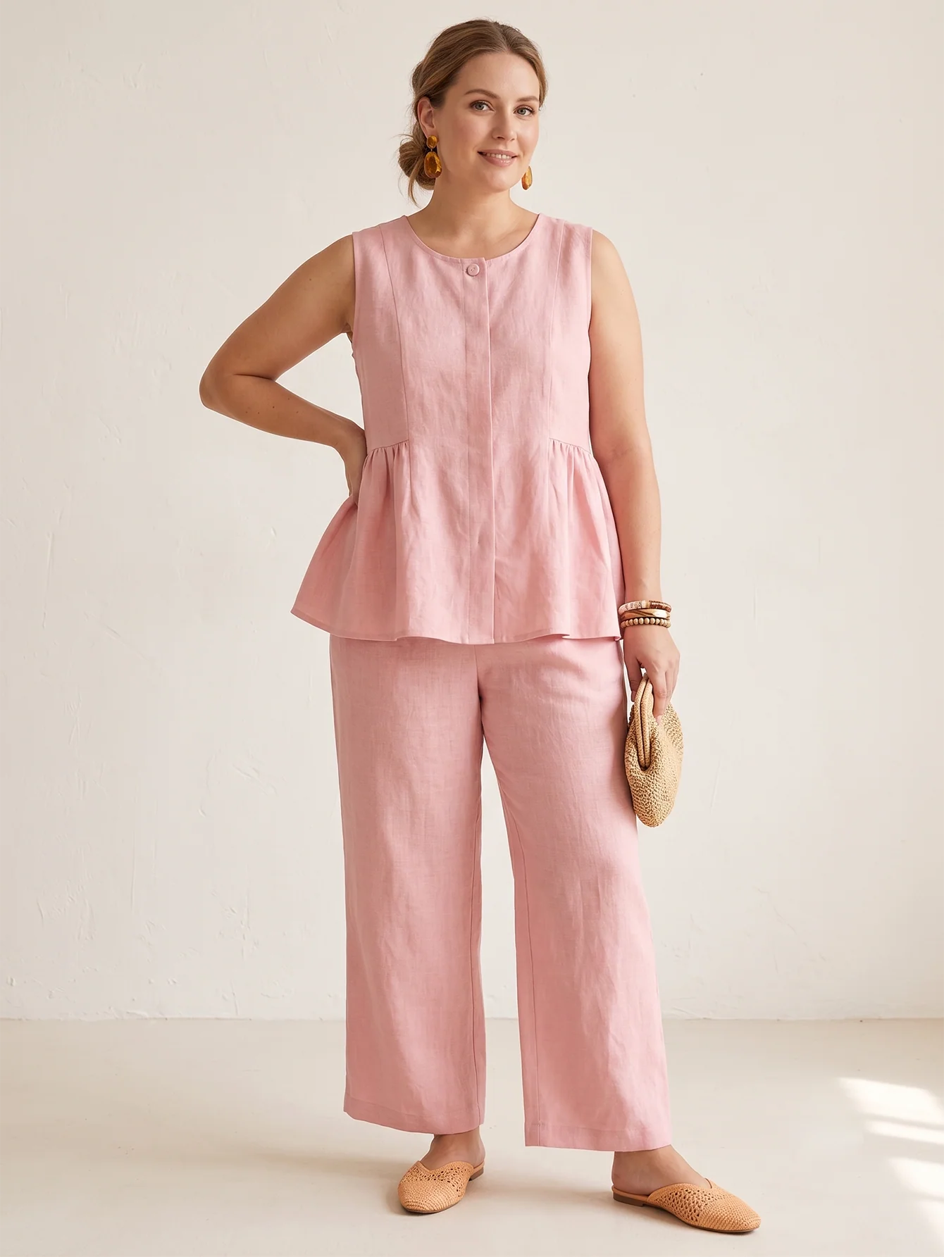 Larui Plus Size Women's Vacation Linen Top and Pants Set