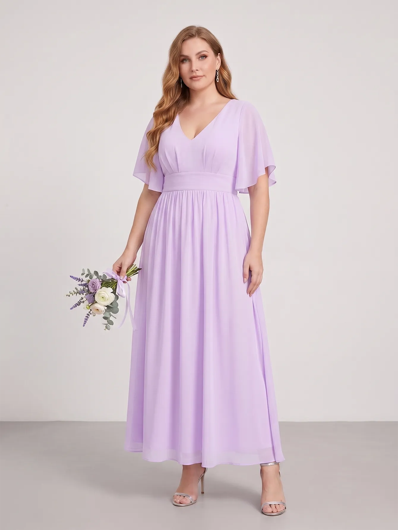 Larui Plus Size Women‘s V-Neck Chiffon Ruffles Sleeves Dress