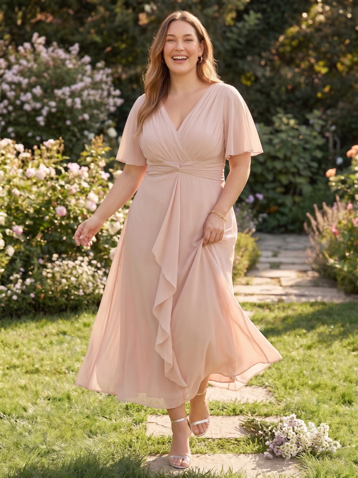 Larui Women's Plus-Size Chiffon Dress with V-Neck and Ruffled Hem