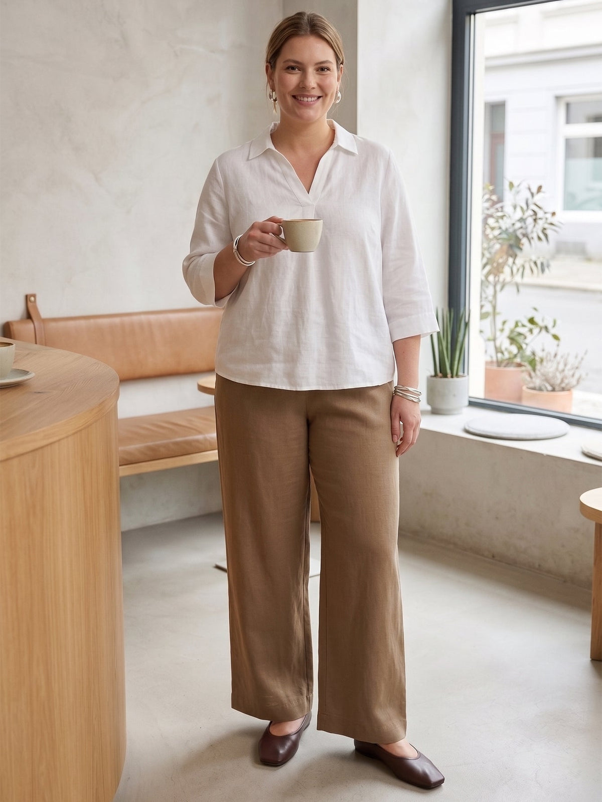Larui Plus Size Women's Linen Pocket Wide-Leg Pants