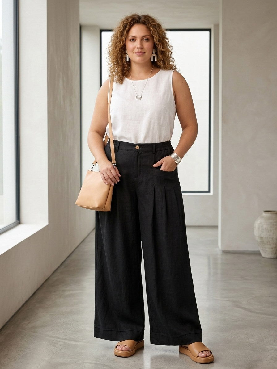 Larui Plus Size Women's Linen Pocket Full Length Pants