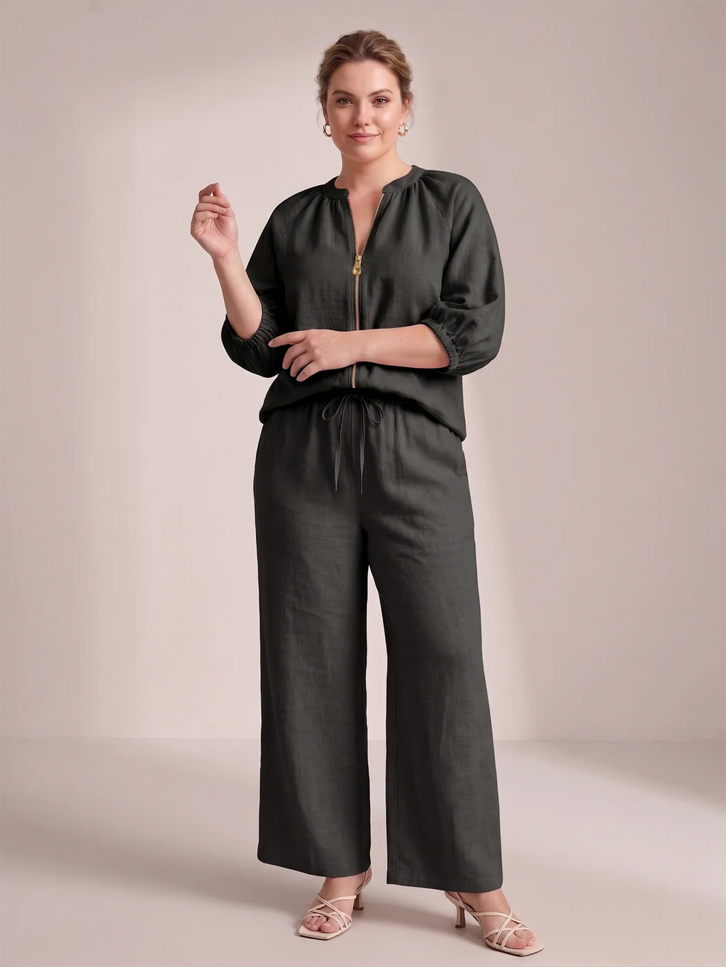 Larui Plus Size Women's Three-Quarter Sleeve Top and Pants Two-Piece Linen Set