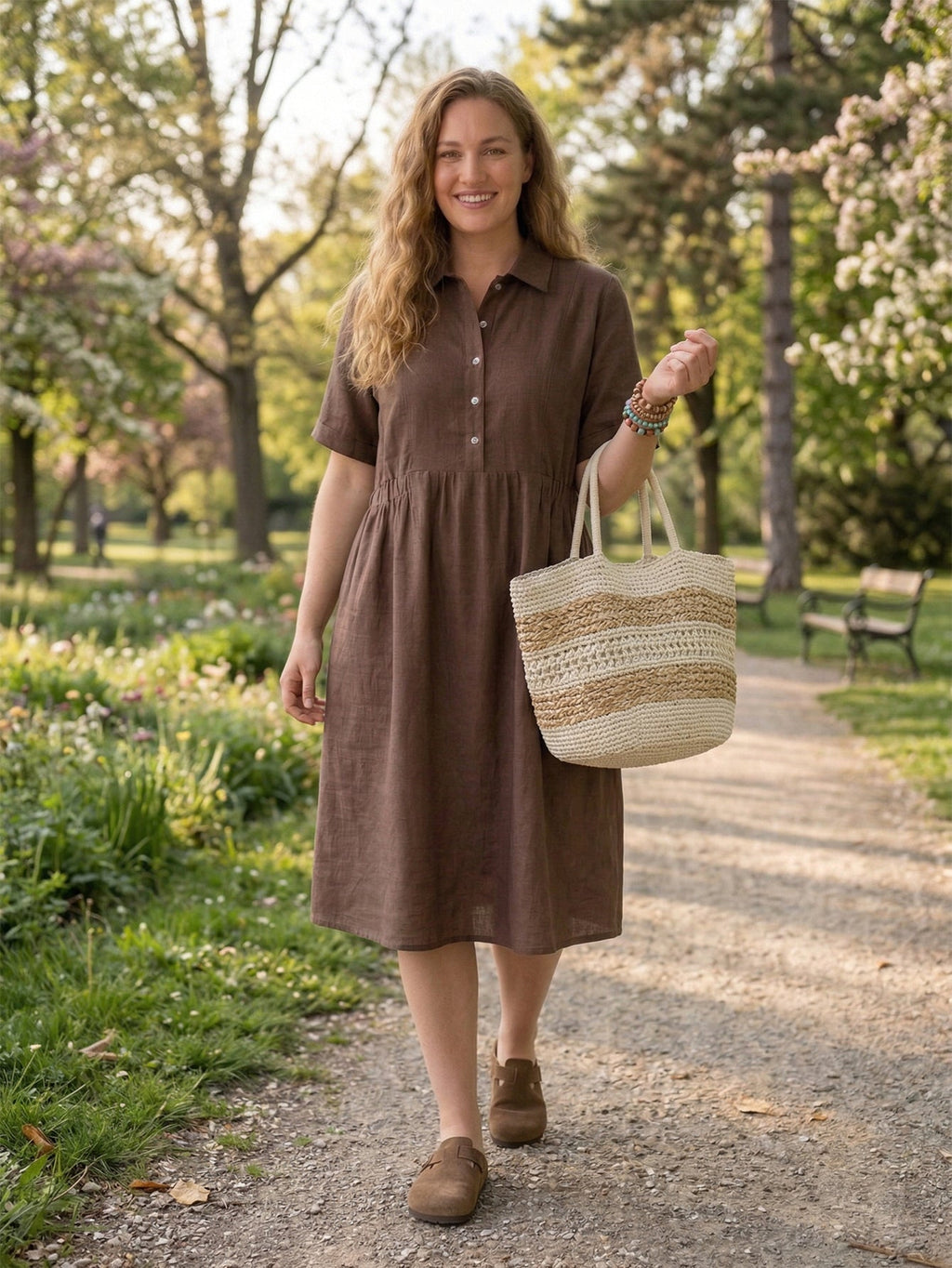 Larui Plus Size Women's Fitted Linen Pocket Dress