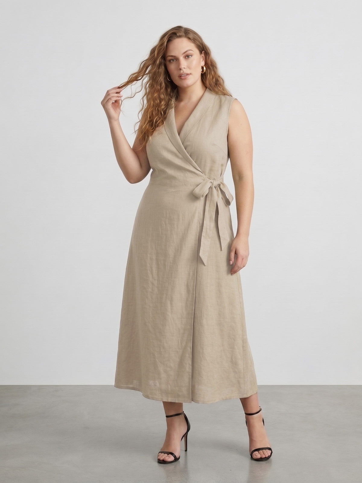 Larui Plus Size Women‘s Linen  V-Neck Sleeveless Dress