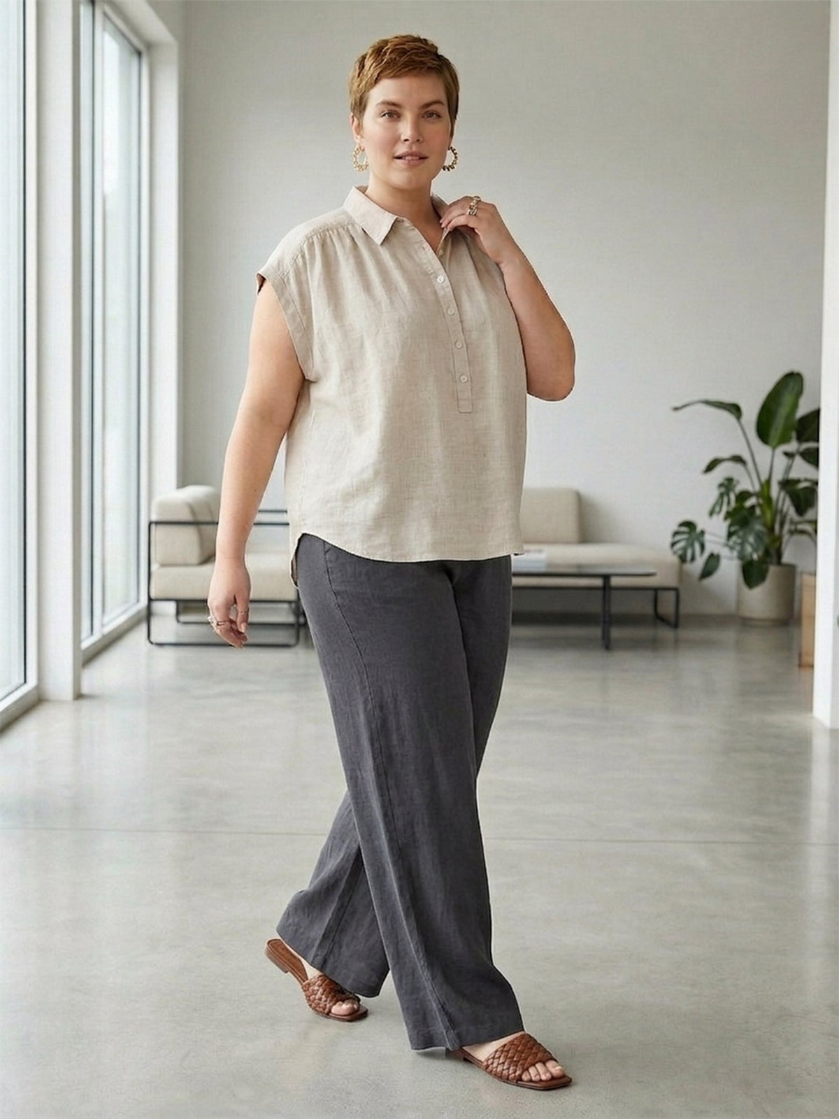 Larui Plus Size Women's Pleated Linen Shirt